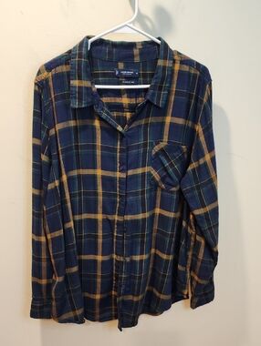 Lucky Brand Blue, Green & Mustard Plaid Button-Up Long Sleeves Shirt Sz XL